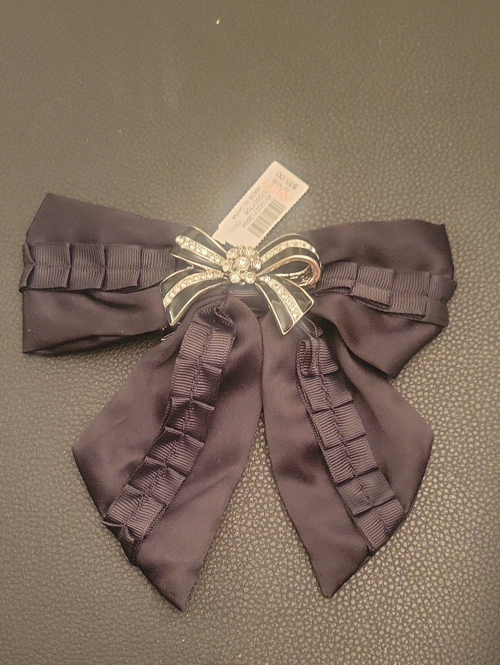 Elegant Black Satin Bow Brooch with Rhinestone Accent